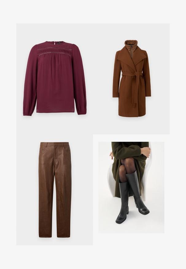 Casaco em mistura de lã castanha com cintura cingida, lapelas largas e gola alta. Apresenta um fecho frontal com zip e um interior acolchoado para isolamento.; Blusa de burgundy com mangas longas, decote redondo e detalhes franzidos ao nível do peito. Tecido suave com uma textura subtil e caimento macio.; Calças de couro castanho com uma textura suave, design de perna reta e dois bolsos laterais. Apresenta detalhes de costura visíveis.; Botas de couro pretas até ao joelho com biqueira quadrada e salto em bloco, apresentadas com um modelo sentado num casaco verde-azeitona. Textura lisa, com detalhes mínimos.