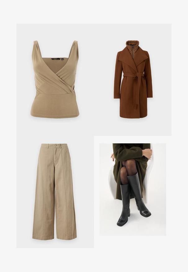 Brown wool blend coat with a belted waist, wide lapels, and a high collar. Features a zippered front and quilted interior for insulation.; Beige sleeveless top with a deep V-neck and wrap design. Made from smooth fabric with subtle pleats at the shoulders and fitted waist.; Beige wide-leg trousers made of sturdy cotton, featuring a button closure, belt loops, and clean front pleating with no visible pockets.; Knee-high black leather boots with a squared toe and block heel, shown with a model seated in an olive green coat. Smooth texture, minimal detailing.
