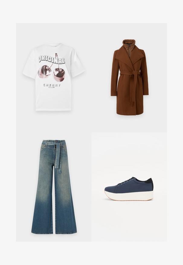 Rudas vilnos mišinys paltas su dirželiu liemeniui, plačiomis atvartais ir aukštu apykakle. Yra užtrauktukas priekyje ir siūti vidaus izoliacijai.; Balta medvilninė marškinėliai trumpomis rankovėmis. Savyje turi grafikos spaudą su dviem vyšniomis ir tekstu "ORIGINAL CHERRY CLUB" stora juoda spalva.; Platus džinsinis kelnes su šviesiai tamsiai mėlynu gradientu, aukštu juosmeniu, diržo kilpomis ir atitinkančiu audinio diržu. Textūruotas džinsinis paviršius.; Tamsiai mėlynas sportinis batelis su tekstūruotu audiniu viršuje, baltu platformos padu, apvaliu pirštu ir juodu kulno akcentu.š. Yra šešios skylės raišteliams.