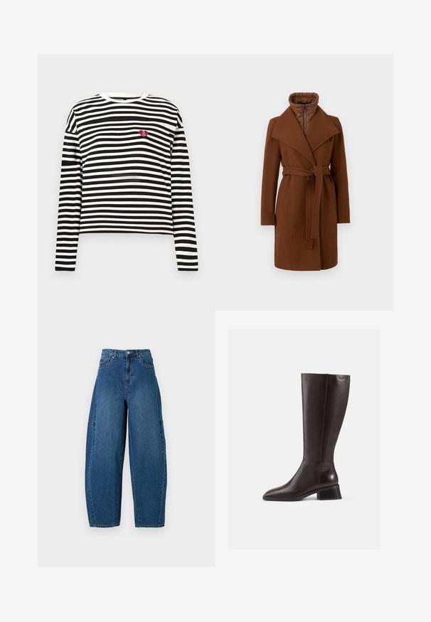 Ruskea villasekoitteinen takki, jossa on vyötärölle sidottava vyö, leveät läpät ja korkea kaulus. Takissa on vetoketjukiinnitys ja vuorattu sisus eristykselle.; Mustat ja valkoiset vaakasuorat raidat pitkähihainen paita, jossa on pieni punainen sydänpaikka, jossa lukee "The VIP Club" vasemmassa rinnassa.; Denim-housut keskipitkässä sinisessä pesussa, joissa on korkea vyötärö, leveä lahje ja standardi viiden taskun muotoilu näkyvillä ompeluyksityiskohdilla.; Knee-high ruskeat nahkasaappaat, joissa on sileä pinta, pyöreä kärki ja pinoontuva musta korko. Yksinkertainen muotoilu, jossa on vain vähän metalliosia.