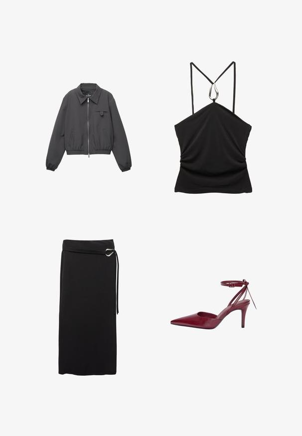 Sötétszürke cipzáras dzseki széles gallérral, rugalmas mandzsettákkal és aljjal, két oldalsó zsebbel és egy kis fedélzsebbel a mellkasán.; Fekete ujjatlan felső, V-nyakkal és vékony pántokkal, ezüst csepp alakú díszítéssel a nyakrésznél, valamint redőzött textúrával az elején.; Fekete midiszoknya sima anyagból. Minimalista dizájn jellemzi, fémgyűrűs övvel és magas derékkal rendelkezik.; Burgundi bőrből készült, hegyes orrú, nyitott oldalú, bokapántos magas sarkú cipő. Karcsú dizájnja és sima felülete jellemzi.