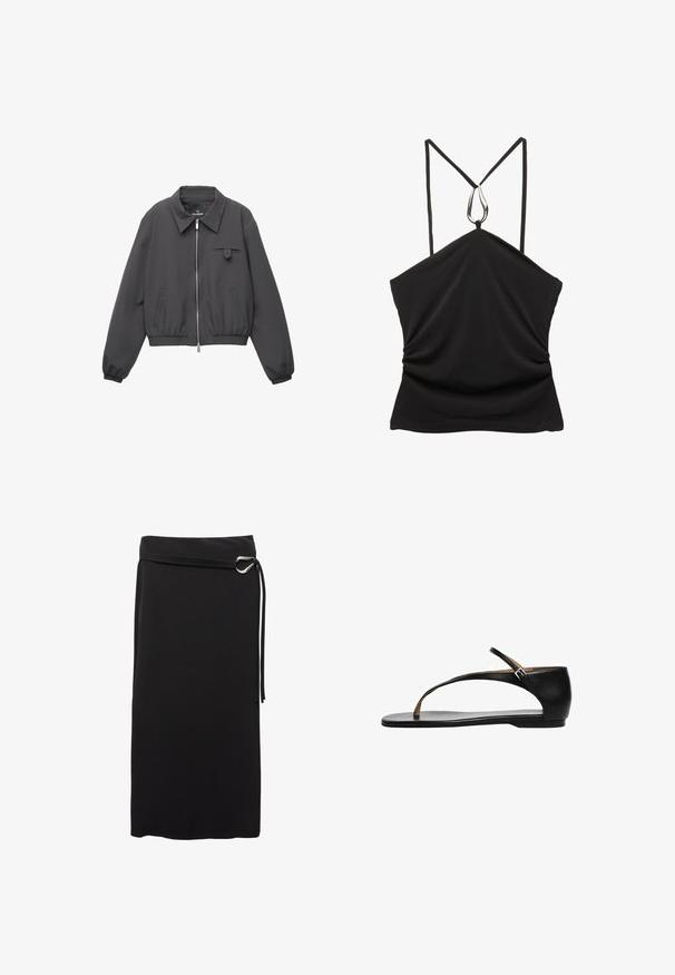 Temno siva jakna na zadrgo s širokim ovratnikom, elastičnimi manšetami in robom, dvema stranskima žepoma ter majhnim žepkom s pokrovom na prsih.; Črna brezrokavnica z V-izrezom in tankimi naramnicami, ki ima srebrno kapljično poudarjeno ob robu in gubano teksturo na sprednji strani.; Črna midi krilo iz gladkega materiala. Ima minimalistični dizajn, pas z kovinsko obrobo in visok pas.; Črne usnjene sandale z ravnim podplatom, ki imajo T-trak obliko in nastavljiv trak okoli gležnja za varen oprijem. Gladka tekstura in minimalističen stil.