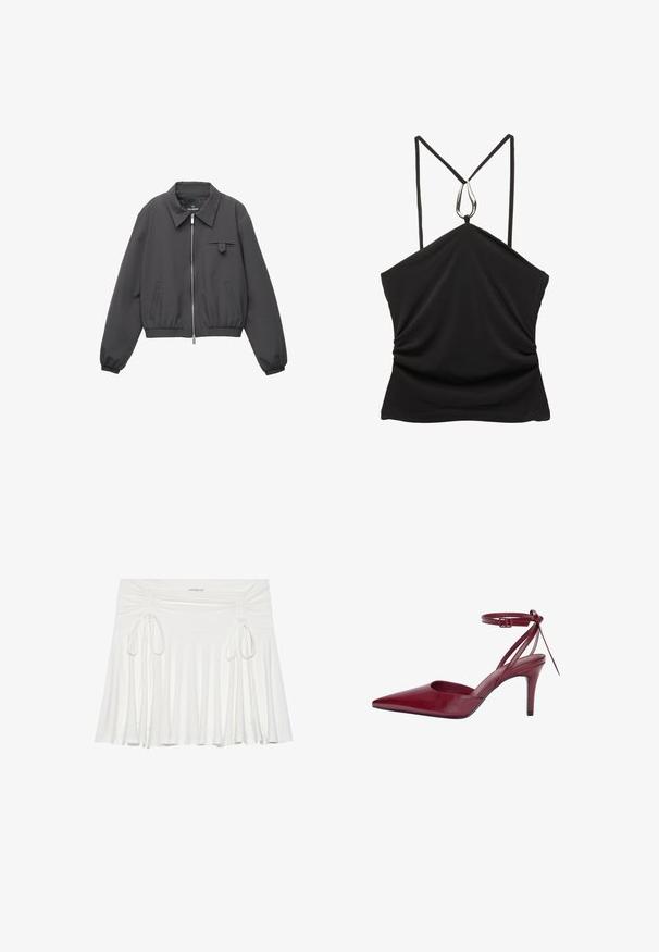 Veste zippée gris foncé avec un large col, des poignets et un ourlet élastiques, deux poches latérales et une petite poche à rabat sur la poitrine.; Haut sans manches noir avec un décolleté en V et des bretelles fines, présentant un accent en forme de goutte d'eau argentée au niveau du décolleté et une texture froncée à l'avant.; Jupe évasée blanche en tissu doux, avec des détails froncés sur les côtés et des liens ajustables, créant une silhouette fluide.; Chaussure à talons hauts en cuir bordeaux avec un bout pointu, des côtés ouverts et une bride de cheville. Présente un design épuré et une texture lisse.