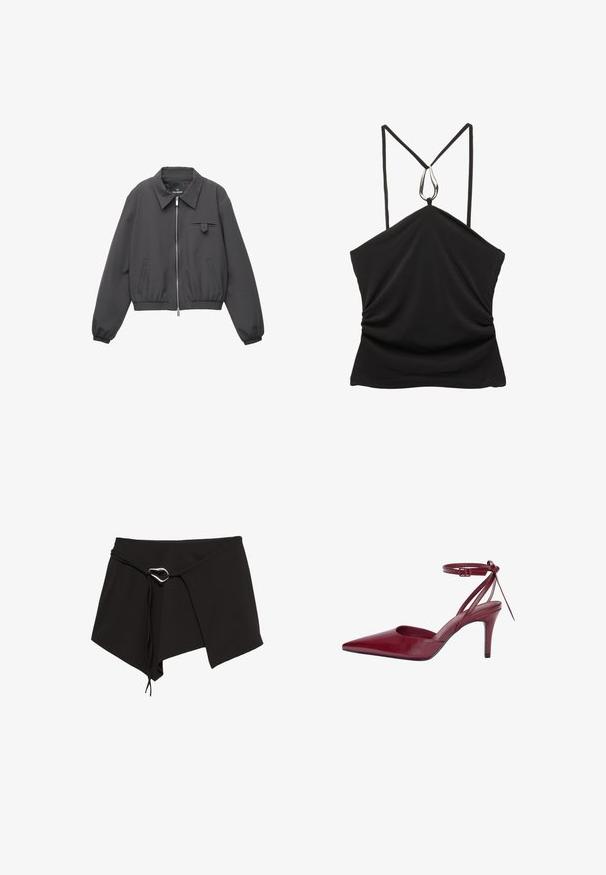 Dunkelgraue Zip-Jacke mit breitem Kragen, elastischen Bündchen und Saum, zwei Seitentaschen und einer kleinen Klapptasche auf der Brust.; Schwarzes ärmelloses Top mit V-Ausschnitt und dünnen Trägern, ausgestattet mit einem silbernen Tropfen-Accessoire am Ausschnitt und einer gerafften Textur auf der Vorderseite.; Schwarzer Wickelrock aus weichem Material, mit diagonalem Schnitt, verstellbarem Band mit einem silberfarbenen Hardwareakzent und asymmetrischem Saum.; Burgunderfarbener Leder-High-Heel-Schuh mit spitzer Zehenform, offenen Seiten und Knöchelriemen. Verfügt über ein elegantes Design und eine glatte Textur.