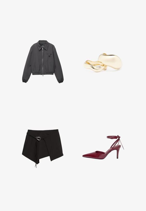 Dunkelgraue Zip-Jacke mit breitem Kragen, elastischen Bündchen und Saum, zwei Seitentaschen und einer kleinen Klapptasche auf der Brust.; Schwarzes ärmelloses Top mit V-Ausschnitt und dünnen Trägern, ausgestattet mit einem silbernen Tropfen-Accessoire am Ausschnitt und einer gerafften Textur auf der Vorderseite.; Schwarzer Wickelrock aus weichem Material, mit diagonalem Schnitt, verstellbarem Band mit einem silberfarbenen Hardwareakzent und asymmetrischem Saum.; Burgunderfarbener Leder-High-Heel-Schuh mit spitzer Zehenform, offenen Seiten und Knöchelriemen. Verfügt über ein elegantes Design und eine glatte Textur.; Goldfarbene Ohrringe mit einer organischen, bohnenähnlichen Form und glatter, reflektierender Oberfläche; verfügen über ein minimalistisches Design ohne sichtbare Hardware.