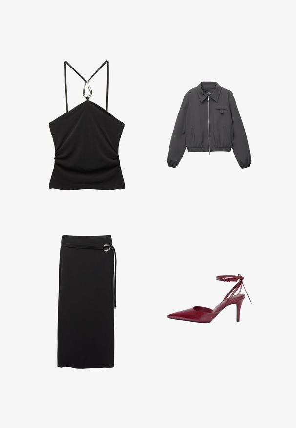 Tamno siva zip-up jakna sa širokim ovratnikom, elastičnim manžetama i donjim rubom, dva bočna džepa i mali preklopni džep na prsima.; Crna bezrukavna majica s V-izrezom i tankim naramenicama, s dodatkom srebrne suze na izrezu i naglašenom nabranom teksturom na prednjem dijelu.; Crna midi suknja od glatkog materijala. Ima minimalistički dizajn, remen s metalnim prstenom i visok struk.; Burgundska kožna cipela s visokom petom, šiljastim prstom, otvorenim stranama i remenom oko gležnja. Ima elegantan dizajn i glatku teksturu.