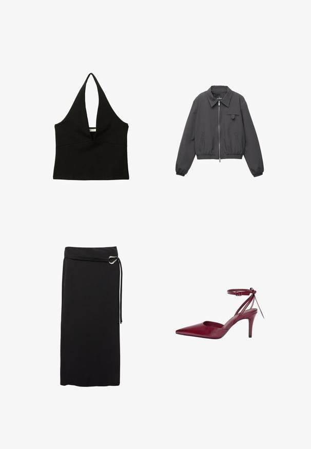 Mörkgrå zip-up jacka med bred krage, elastiska ärmslut och fåll, två sidofickor och en liten ficka med klaff på bröstet.; Svart halterneck-top med en djup V-ringning. Tillverkad av mjukt tyg, har den en figurnära silhuett och en ren nederkant. Ingen hårdvara eller detaljer.; Svart midi-skjol i slätt tyg. Har en minimalistisk design, ett bälte med en metallring och en hög midja.; Burgundy läder högklackad sko med spetsig tå, öppna sidor och ankelrem. Har en elegant design och slät yta.