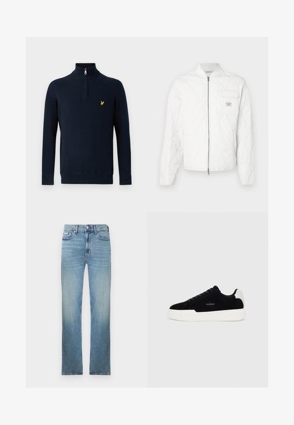 White quilted jacket with a zip front, ribbed collar, and single chest pocket featuring a logo patch. Smooth texture and minimal design.; Navy blue pullover with a half-zip collar, made of smooth fabric; features a small yellow embroidered logo on the chest.; Light blue denim jeans with a straight leg cut, five-pocket design, and a faded finish. Features a button fly and belt loops.; Black low-top sneaker with white sole and heel tab, lace-up front, and Calvin Klein logo on side.