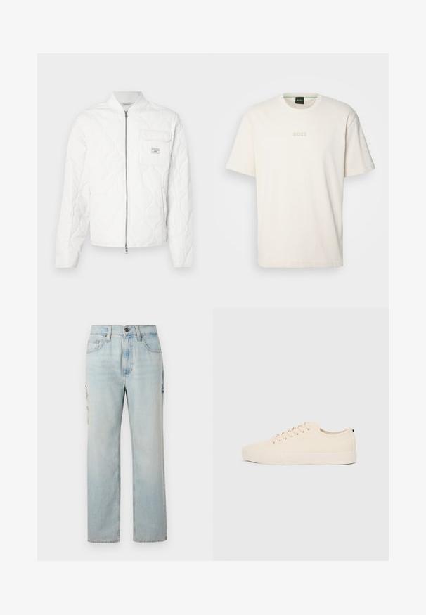 Biela prešívaná bunda so zipsom vpredu, rebrovaným golierom a jedným náprsníkom s logovou nášivkou. Hladká textúra a minimalistický dizajn.; BOSS TEE - Základné tričko - open white; Svetlomodré rifľové cargo nohavice s priamym strihom, so dvoma bočnými vreckami a zapínaním na gombík. Jemné vyblednutie pridáva textúrovaný vzhľad.; Bežové plátnené tenisky s okrúhlou špičkou, plochou gumovou podrážkou a šnurovaním. Majú minimalistický dizajn a kontrastný čierny akcent na päte.