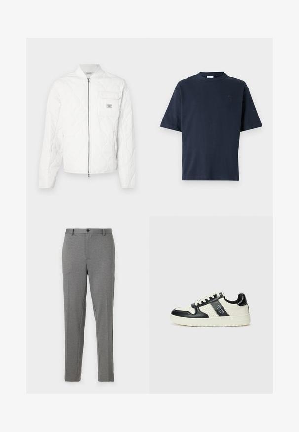 White quilted jacket with a zip front, ribbed collar, and single chest pocket featuring a logo patch. Smooth texture and minimal design.; Navy blue short-sleeve t-shirt made of cotton. Features a round neck and a subtle logo on the chest. Straight cut design with no patterns.; Gray tailored trousers featuring a smooth texture, slight pattern, zip and button closure, with front pockets and tapered legs.; Leather sneakers with a black and cream color scheme, featuring perforated accents, a padded collar, and a textured outsole.