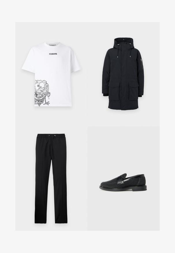 Mustmust parka jakk musta, millel on kapuuts, suurte esipocketitega, lukuga käiste tasku ja kontrastsetest mustadest mansettidest.; Valge puuvillane T-särk, mille vasakus alakul on hall koomiksitegelane, peal on musta värviga trükitud "ICEBERG" logo.; Iceberg PANTALONI - Püksid - nero; Must musta kootud slip-on king, millel on pehme nahast accent ülaserval, ümmargune varvas ja madal profiiliga kummitald.