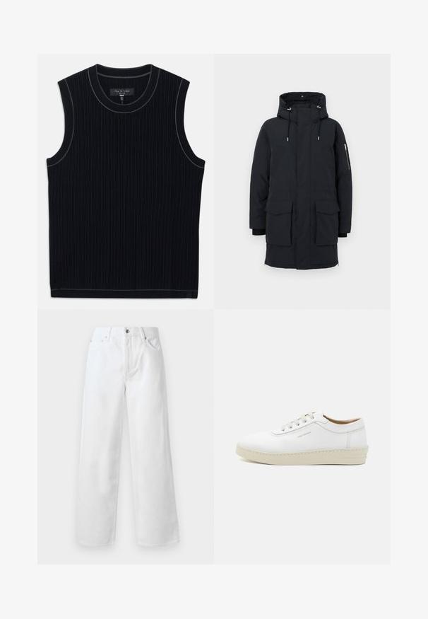 Black padded parka jacket with a hood, featuring two large front pockets, a zippered sleeve pocket, and contrasting black cuffs.; Black sleeveless top made of ribbed fabric, featuring a round neckline and clean hem. Subtle contrast trim along the neckline.; rag & bone BAGGY - Baggy Jeans - white; White leather sneaker with a textured finish, round toe, beige rubber sole, and six grey lace eyelets, featuring subtle branding on the side.