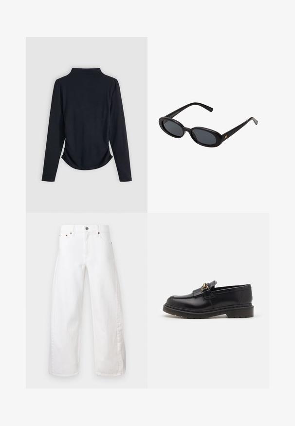 Jaqueta de motoqueiro em couro preto com fecho assimétrico, bolsos com zíper e botão de pressão, epaulettes nos ombros e cinto ajustável na cintura.; Top preto de manga longa com colarinho alto, lados franzidos e textura suave. Design simples, sem padrões ou detalhes visíveis.; Jeans brancos de perna larga feitos de denim de algodão. Apresenta um fecho de botão e zip, bolsos frontais e costuras discretas ao longo das costuras.; Mocassins pretos de couro com bico arredondado, franja decorativa e detalhe em dourado. Sola de borracha grossa para maior tração e durabilidade.; Óculos de sol pretos oversized com lentes ovais, armação de plástico suave e detalhes em dourado nas hastes. As lentes escuras oferecem proteção solar.
