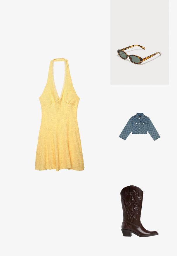 Lyhyt vaaleansininen farkkutakki, jossa on koko takin kattava logokuvio, napit edessä, kaksi rintataskua ja riiputtuhelma.; Keltainen olkaimeton mekko, jossa on teksturoitu kangas. Syvä V-mallinen leikkaus, muotoiltu yläosa ja liehuva hame. Aaltoreunus kaula-aukossa.; Tummanruskea nahkainen cowboy-kenkä, jossa on koristeellista tikkausta, terävä kärki, keskikorkea pinoettu kanta ja vetonauha ylhäällä.; Kuvio-oranssi aurinkolasit, joissa on soikeat kehykset, tummanvihreät linssit ja hoikat varret. Varressa on hienovarainen logo.