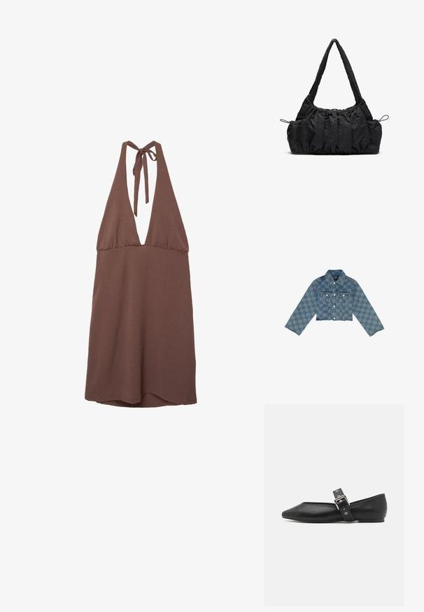 Lyhyt vaaleansininen farkkutakki, jossa on koko takin kattava logokuvio, napit edessä, kaksi rintataskua ja riiputtuhelma.; Ruskea halterneck-mekko, jossa on syvä V-pääntie, valmistettu kevyestä kankaasta. Mekossa on sitovat hihnat selässä ja se laskeutuu vapaasti.; Musta nahkainen tasapohjainen kenkiä, jossa on terävä kärki, sivuolkaimeen kiinnitetty hopeakumppari ja matala kanta. Silkkinen rakenne ja minimalistinen muotoilu.; Musta kangaskassi, jossa on rypistetty pinta, kaksi olkahihnaa ja narukiristys sivuilla. Sileä, kevyt materiaali.