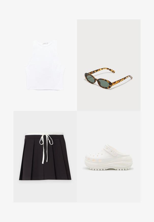 Krótka kurtka dżinsowa w jasnym niebieskim kolorze, z całkowitym wzorem logo, z zapięciem na guziki, dwoma kieszeniami na piersi i postrzępionym dołem.; Biały krótki top na ramiączkach wykonany z gładkiego materiału. Posiada szerokie otwory na ramiona, okrągły dekolt oraz czyste brzegi bez widocznych wzorów czy ozdób.; Czarna plisowana spódnica z białym, plecionym ściągaczem w pasie. Wykonana z miękkiego materiału, o gładkiej fakturze i prostym, klasycznym wzorze.; Białe klapki o masywnej konstrukcji, z okrągłymi otworami wentylacyjnymi, paskiem z tyłu i teksturowaną podeszwą dla lepszej przyczepności. Wykonane z lekkiego materiału.; Okulary przeciwsłoneczne w kolorze żółwia z owalnymi oprawkami, ciemnozielonymi soczewkami i smukłymi zausznikami. Posiadają subtelne logo na zauszniku.; Czarna torba z tkaniny z jedną szeroką rączką na ramię. Miękki, półstrukturalny kształt oraz gładka tekstura; minimalistyczny design, bez widocznych elementów metalowych.