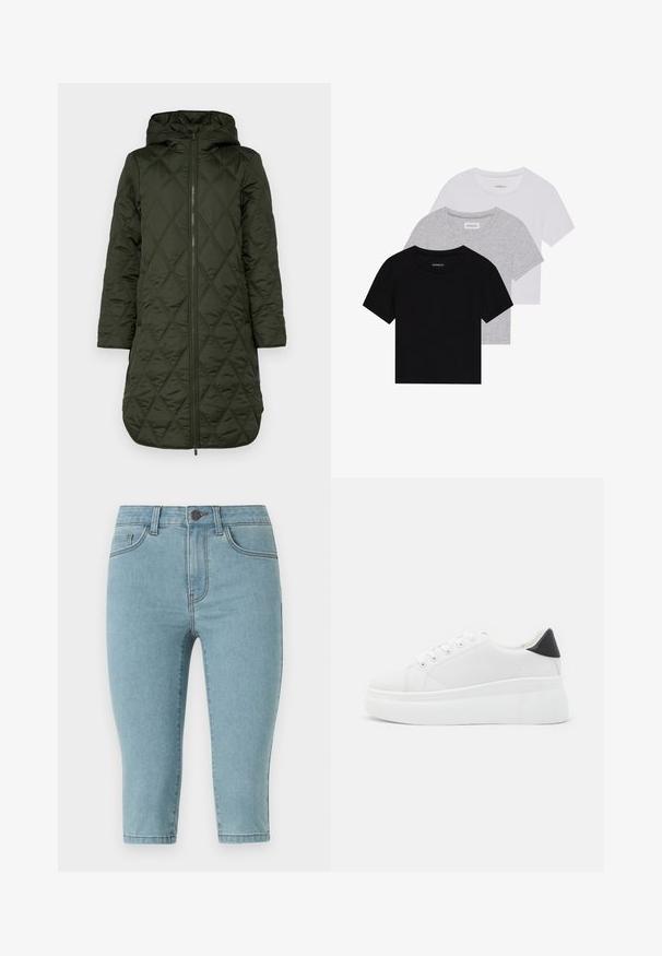 Μακριά παλτό με κουκούλα σε σκούρο πράσινο, διαθέτει διαμαντένιο κέντημα, μακριά μανίκια και μπροστινό φερμουάρ. полноформатное изображение.; Σετ τριών κοντομάνικων μπλουζών σε μαύρο, γκρι και άσπρο. Κατασκευασμένες από βαμβάκι, διαθέτουν λαιμόκοψη και απλό, μονόχρωμο σχέδιο.; Ανοιχτό μπλε τζιν καπάρι παντελόνι με εφαρμοστή σχεδίαση, μέτρια ψηλή μέση, στυλ με πέντε τσέπες και διακριτές ραφές κατά μήκος των ραφών.; Λευκά πλατφόρμα αθλητικά παπούτσια κατασκευασμένα από λείο συνθετικό υλικό, με στρογγυλή μύτη, σχέδιο με κορδόνια και υφασμένη καουτσούκ σόλα. Μαύρη έγχρωμη λεπτομέρεια στη φτέρνα.