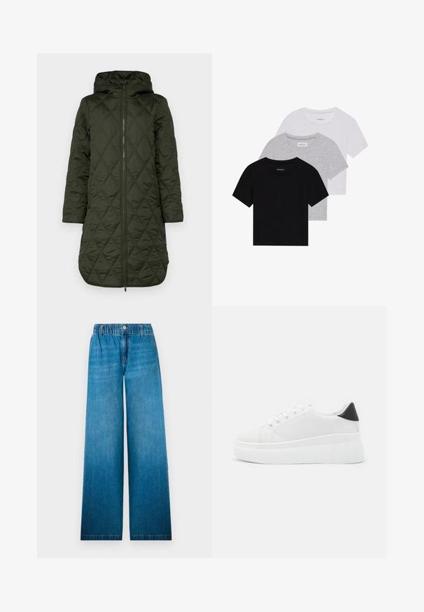 Podložena kapuča plašč v temno zeleni barvi, z diamantnim prešitim vzorcem, dolgimi rokavi in sprednjim zadrgo.; Komplet treh majic s kratkimi rokavi v črni, sivi in beli barvi. Izdelane iz bombaža, z okroglim izrezom in preprostim, enobarvnim dizajnom.; Široke jeans hlače iz svetle plavice, z elastičnim pasom, gumbom za zapiranje in ravnim krojem z zbledelim učinkom.; Bele platform tenisice izdelane iz gladkega sintetičnega materiala, z zaobljenim prstom, sistemom vezalk in teksturiranim gumijastim podplatom. Črn dodatek na peti.