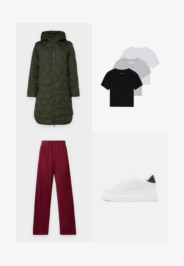 Cappotto con cappuccio imbottito di colore verde scuro, con un motivo a rombi, maniche lunghe e chiusura frontale zip.; Set di tre t-shirt a maniche corte in nero, grigio e bianco. Realizzate in cotone, presentano un collo a giro e un design semplice in un colore solido.; Pantaloni ampi a pieghe color bordeaux con elastico in vita. Tessuto testurizzato con strisce verticali. Taglio dritto fino all'orlo.; Sneakers platform bianchi realizzati in materiale sintetico liscio, con punta arrotondata, design con lacci e suola in gomma texture. Accento nero nel tallone.