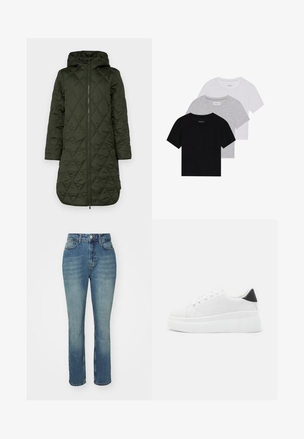 Casaco acolchoado com capuz em verde escuro, apresentando um padrão de quilt em diamante, mangas longas e fecho frontal com zipper.; Conjunto de três t-shirts de manga curta nas cores preto, cinza e branco. Feitas em algodão, com gola redonda e um design simples, em cores sólidas.; Jeans de cintura alta, azuis, em um lavagens claras a médias, com perna reta, cinco bolsos, fecho de botão e desbotamento mínimo.; Tênis plataforma brancos feitos de material sintético suave, apresentando ponta arredondada, design com cadarços e sola de borracha texturizada. Acento preto no calcanhar.