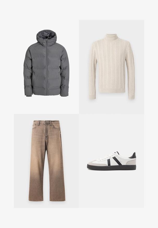 Graue Pufferjacke mit einem Frontreißverschluss und Kapuze. Verfügt über ein gestepptes Design mit einer glatten Außenseite und elastischen Bündchen. Leicht und isoliert.; Beige, gestrickter Pullover mit hohem, geripptem Rollkragen. Er verfügt über ein strukturiertes Zopfmuster sowie gerippte Bündchen und Saum, was ein gemütliches Erscheinungsbild bietet.; Weite Jeans in einem graduierten Brauntton, mit klassischem Fünf-Taschen-Design, Gürtelschlaufen und kontrastierenden Nähten auf einer glatten Denim-Oberfläche.; Weiße Sneaker mit schwarz- und grau-aczenten, ausgestattet mit einer strukturierten grauen Zehenkappe, schwarzer Gummi-Sohle und flachen weißen Schnürsenkeln. Sauberes Design, minimalistische Stil.