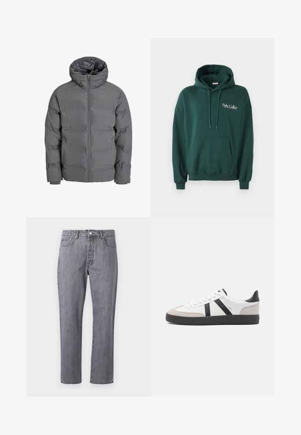 Sivá páperová bunda s predným zipsom a kapucňou. Má prešívaný dizajn, hladký povrch a elastické manžety. Ľahká a zateplená.; Tmavohnedá mikina z jemnej látky, so klokaniu kapsou, šnúrkami a bielym textovým logom na ľavej strane hrude.; Šedé denimové džínsy so striha s rovnými nohavicami, piatimi vreckami, gombíkovým zapínaním a jemným efektom žmolkovania na textúre látky.; Biele tenisky s čiernymi a šedými akcentmi, s textúrovanou šedou špičkou, čiernou gumovou podrážkou a plochými bielymi šnúrkami. Čistý dizajn, minimalistický štýl.