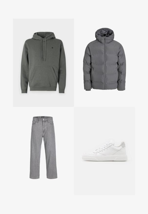 Sivá páperová bunda s predným zipsom a kapucňou. Má prešívaný dizajn, hladký povrch a elastické manžety. Ľahká a zateplená.; Tmavozelená bavlnená mikina s klokankou, nastaviteľnou šnúrkou na kapucni a diskrétnym logom na hrudi; hladká textúra a pohodlný strih.; Šedé denimové nohavice s uvoľneným, voľným strihom. Majú tradičný dizajn s piatimi vreckami a zapínanie na gombík na páse.; Biele kožené tenisky s hladkým povrchom, zaoblenou špičkou, plochými šnúrkami a textúrovanou podrážkou. Sivý semišový akcent na päte.
