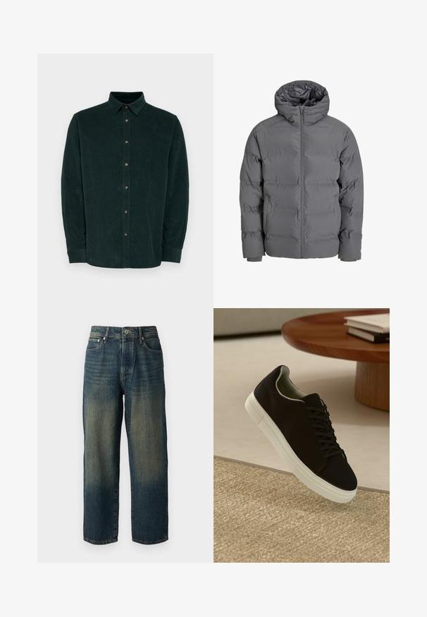 Γκρίζα φουσκωτή ζακέτα με μπροστινό φερμουάρ και κουκούλα. Διαθέτει σχέδιο με ραφές και λεία επιφάνεια, καθώς και ελαστικούς καρπούς. Ελαφριά και θερμαινόμενη.; Selected Homme SLHREGOWEN SHIRT - Πουκάμισο - rain forest; Μπλε τζιν παντελόνι με ίσια γραμμή, με φθαρμένο σχέδιο και πιο ανοιχτές αποχρώσεις προς το στρίφωμα, πέντε τσέπες και κλείσιμο με κουμπί.; Μαύρο αθλητικό παπούτσι με λευκή σόλα που αιωρείται πάνω από μπεζ υφή χαλιού κοντά σε στρογγυλό ξύλινο τραπέζι με στοίβες βιβλίων.