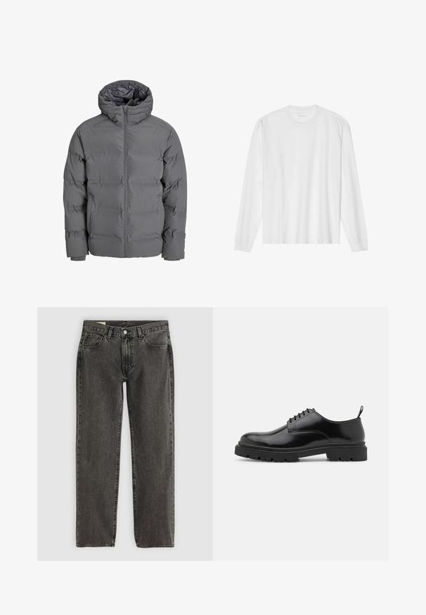 Pelēks pūkains mētelis ar priekšējo rāvējslēdzēju un kapuci. Iezīmes kvadrātveida dizains ar gludu virsmu un elastīgām piedurknēm. Viegls un siltināts.; Garas piedurkņu balta kokvilnas T-kreklu ar apaļu kakla izgriezumu un ribotām aprocēm. Vienkāršs, neizpušķots dizains ar gludu tekstūru un standarta piegriezumu.; Melni izbalējuši taisno kāju džinsi ar piecām kabatām, pogu aizdari un jostas cilpiņām, izklāti uz balta fona.; Melnas ādas siksniņu kurpes ar apaļu purngalu, gludu tekstūru un ar rievotu gumijas zoli. Iezīmējas ar mazu papēdi un cilpu aizmugurē.