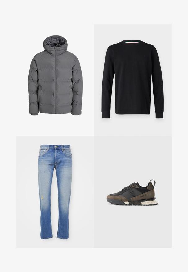 Šedá péřová bunda s předním zipem a kapucí. Disponuje prošívaným designem s hladkým povrchem a elastickými manžetami. Lehká a zateplená.; Replay Top s dlouhým rukávem - black; Světle modré denimové džíny se rovnými nohavicemi, s efektem prošoupání, malou opotřebovanou oblastí a klasickým pětikusovým designem.; Replay FIELD JUPITER CRAFT - Tenisky - black/dark grey