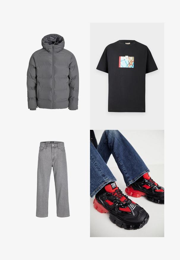 Grå foret jakke med frontlynlås og hætte. Den har et quiltet design med en glat overflade og elastiske manchetter. Letvægts og isoleret.; Sort bomulds T-shirt med et grafisk print af et basketballkurv på en blå baggrund med rød tekst "parkwayCOURTS" som accent.; Grå denimbukser med en afslappet, løs pasform. Har et traditionelt fem-lomme design og en knaplukning i taljen.; Sorte og røde atletiske sneakers med mesh-overdel, tykke røde gennemsigtige såler og reflekterende striber. Stylet med blå denimbukser.