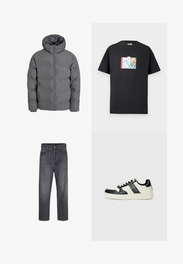 Jachetă puf gri cu fermoar frontal și glugă. Prezentare cu un design matlasat, exterior neted și manșete elastice. Ușoară și izolată.; Tricou negru din bumbac, cu un imprimeu grafic al unei inele de baschet pe un fundal albastru, accentuat de textul roșu "parkwayCOURTS".; Jeans din denim gri închis, cu un design dreapt, talie înaltă, styling cu cinci buzunare și ușor decolorate. Închidere cu buton metalic și fermoar.; Tenisi din piele cu un scheme de culori negru și crem, dotati cu accente perforate, guler căptușit și o talpă texturată.