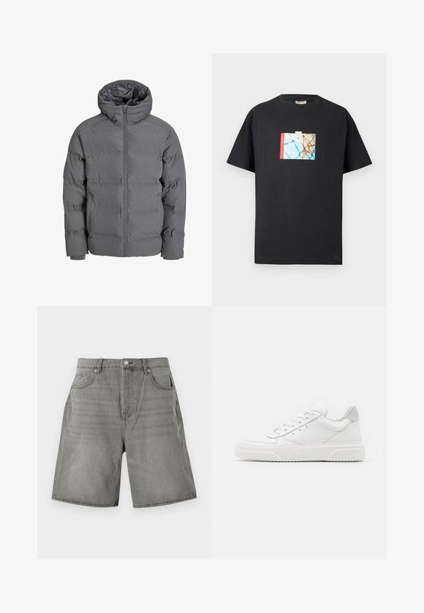 Grå foret jakke med frontlynlås og hætte. Den har et quiltet design med en glat overflade og elastiske manchetter. Letvægts og isoleret.; Sort bomulds T-shirt med et grafisk print af et basketballkurv på en blå baggrund med rød tekst "parkwayCOURTS" som accent.; Grå denimshorts med et klassisk fem-lomme design, opfoldede kanter og knaplukning. Stoffet har en let slidt tekstur.; Hvide lædersneakers med en glat finish, rund tå, flade snørebånd og en struktureret sål. Grå ruskindsdetalje ved hælen.