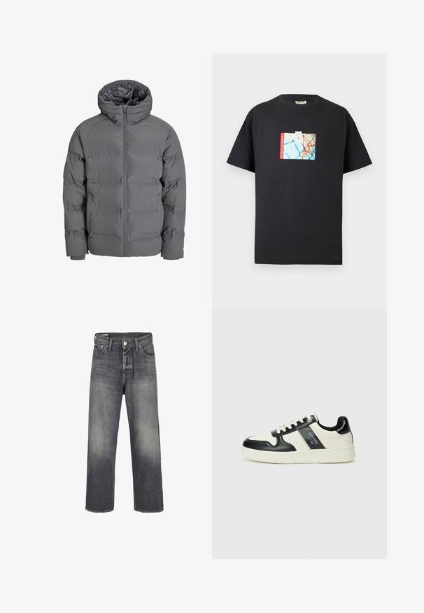 Pelēks pūkains mētelis ar priekšējo rāvējslēdzēju un kapuci. Iezīmes kvadrātveida dizains ar gludu virsmu un elastīgām piedurknēm. Viegls un siltināts.; Melna kokvilnas T-kreklā ar grafisku attēlu, kurā attēlots basketbola grozs z blue fonā ar sarkanajiem tekstiem "parkwayCOURTS".; Denim džinsi izbalinātā melnā krāsā ar taisnu kāju dizainu, piecu kabatu stilu un metāla pogu aizdari jostasvietā.; Ādas sporta apavi ar melnbaltu krāsu shēmu, ar perforētiem akcentiem, mīkstinātu apkakli un teksturētu zoli.