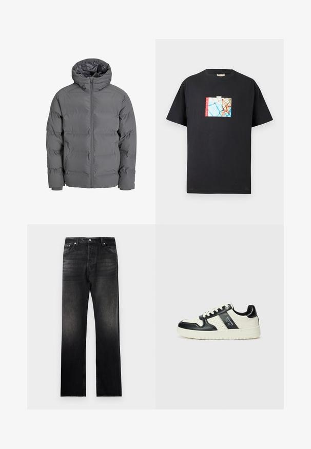 Szürke puffermellény elülső zipzárral és kapucnival. Tűzött dizájn jellemzi, sima külső felülettel és rugalmas mandzsettákkal. Könnyű és szigetelt.; Fekete pamut póló, amelyen egy kosárlabdapalánk grafikai nyomata található kék háttéren, piros "parkwayCOURTS" felirattal kiegészítve.; Fekete farmernadrág egyenes szabással, amelyen elhalványuló árnyalatú hatás található, öt zsebes dizájn és fém kiegészítők.; Fekete és krém színű bőrsneaker, perforált díszítésekkel, párnázott bokapánttal és texturált talppal.