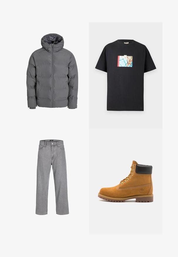 Šedá péřová bunda s předním zipem a kapucí. Disponuje prošívaným designem s hladkým povrchem a elastickými manžetami. Lehká a zateplená.; Černé bavlněné tričko s grafickým potiskem basketbalového koše na modrém pozadí, doplněné červeným textem "parkwayCOURTS".; Šedé džíny s uvolněným, volným střihem. Obsahují tradiční pětikapsový design a zapínání na knoflík v pase.; Hnědé semišové kotníkové boty s černým polstrovaným límcem, zlatými kovovými očky, bílým prošíváním a odolnou gumovou podrážkou s výraznými drážkami.