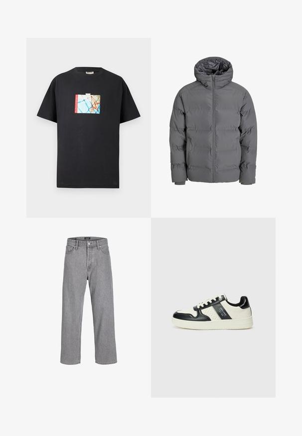 Casaco puffer cinza com fecho frontal e capuz. Apresenta um design acolchoado com um exterior liso e punhos elásticos. Leve e isolado.; T-shirt preta de algodão com uma impressão gráfica de um cesto de basquetebol sobre um fundo azul, com texto em vermelho "parkwayCOURTS" como destaque.; Calças de denim cinza com um ajuste relaxado e solto. Inclui um design tradicional de cinco bolsos e um fecho de botão na cintura.; Ténis de couro com um esquema de cores em preto e creme, apresentando detalhes perfurados, um colarinho acolchoado e uma sola texturizada.