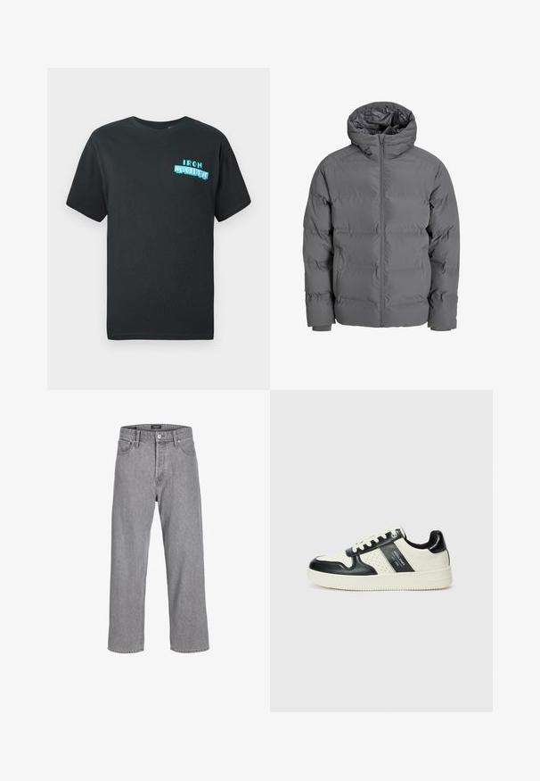 Šedá péřová bunda s předním zipem a kapucí. Disponuje prošívaným designem s hladkým povrchem a elastickými manžetami. Lehká a zateplená.; Černé bavlněné tričko s krátkým rukávem, na přední straně zdobené modrou grafikou s nápisem "IRON MAIDEN" ve stylizovaných písmenech.; Šedé džíny s uvolněným, volným střihem. Obsahují tradiční pětikapsový design a zapínání na knoflík v pase.; Kožené tenisky s černobílou barevnou kombinací, které mají perforované detaily, polstrovaný límec a texturovanou podrážku.