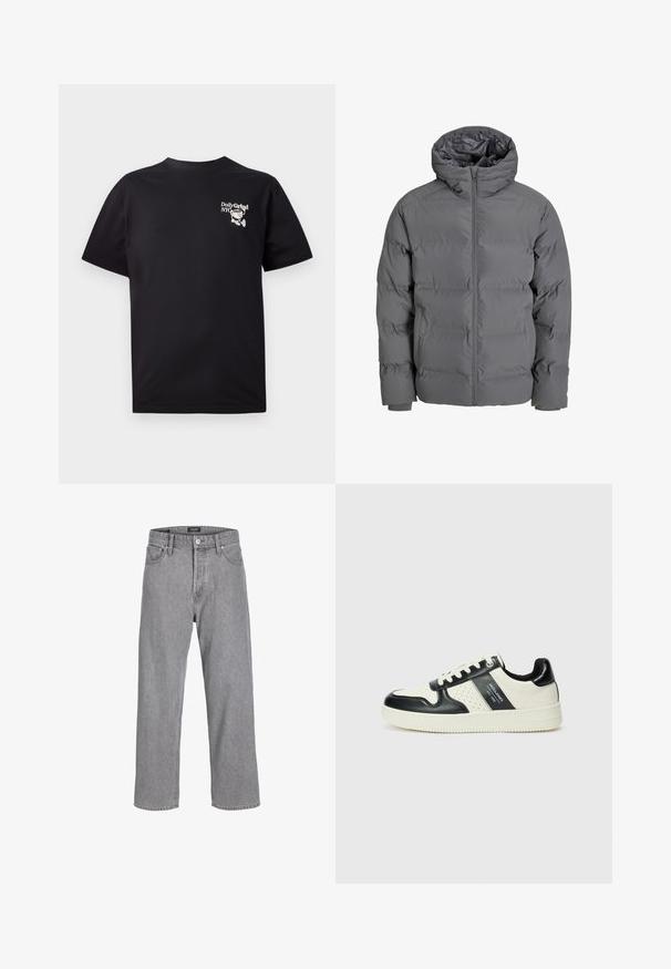 Pelēks pūkains mētelis ar priekšējo rāvējslēdzēju un kapuci. Iezīmes kvadrātveida dizains ar gludu virsmu un elastīgām piedurknēm. Viegls un siltināts.; Melnas kokvilnas t-krekls ar īsām piedurknēm, ar apaļu kakla izgriezumu, uz kreisā krūšu laukuma ar balto grafisko dizainu.; Pelēki džinsi ar brīvu, vaļīgu piegriezumu. Iezīmē tradicionālais piecu kabatu dizains un pogas aizdare jostasvietā.; Ādas sporta apavi ar melnbaltu krāsu shēmu, ar perforētiem akcentiem, mīkstinātu apkakli un teksturētu zoli.