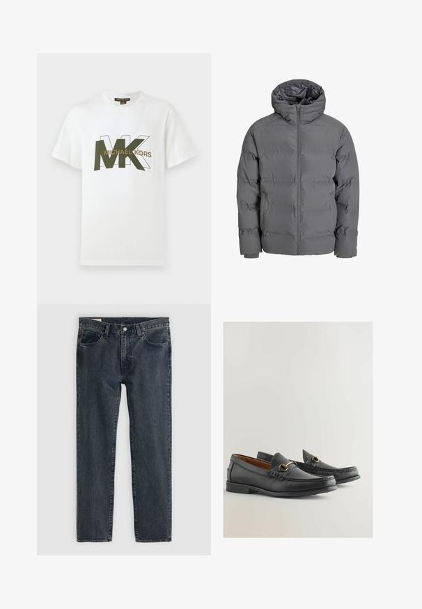 Szara kurtka puchowa z zapięciem na suwak z przodu i kapturem. Posiada pikowaną konstrukcję z gładką powierzchnią i elastycznymi mankietami. Lekka i izolowana.; Biała koszulka z krótkim rękawem z zachodzącymi na siebie zielonymi literami MK, a także napisem "MICHAEL KORS" na klatce piersiowej.; Ciemnoniebieskie dżinsy o prostym kroju nogawki, pięcioma kieszeniami i zapięciem na guzik. Materiał ma subtelne przetarcia i fakturę.; Czarne skórzane mokasyny o teksturowanym wykończeniu. Zawierają dekoracyjną złotą klamrę oraz przeszycia na czubku. Płaska gumowa podeszwa.