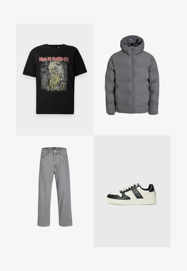 Hall vest, millehall edetõmbe ja kapuutsiga. Omab tikitud kujundust sujuva välimusega ja elastsete mansettidega. Kerge ja soojustav.; Must musta T-särk mustast puuvillast, millel on graafiline kujundus luustiku figuurist, millel on kollased aktsendid ja punane tekst "Iron Maiden", ümmargune kaelus.; Hallid denim püksid, millel on mugav ja avar lõige. sisaldab traditsioonilist viie tasku disaini ja nööpiga sulgemist vöökoha juures.; Nahatud nahkkingad musta ja kreemi värviskeemiga, millel on perforeeritud aktsendid, pehme krae ja tekstureeritud tallad.