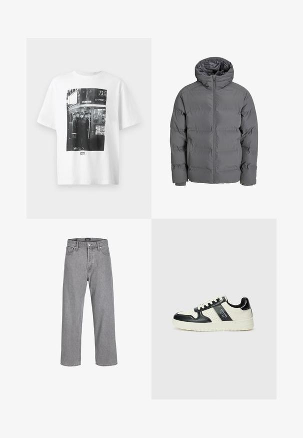Grå pufferjakke med glidelås foran og hette. Har et quilted design med glatt overflate og elastiske mansjetter. Lettvektig og isolert.; Hvitt bomull t-skjorte med et svart-hvitt fotografi av fire personer på en buss, med tekst og grafikk relatert til teater og bussrute.; Grå denim bukser med en avslappet, løs passform. Har et tradisjonelt fem-lommers design og en knappelukking i midjen.; Lædersneakers med sort og creme farveskema, der har perforerede detaljer, en polstret krave og en struktureret ydersål.