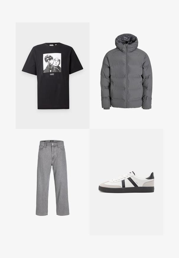 Graue Pufferjacke mit einem Frontreißverschluss und Kapuze. Verfügt über ein gestepptes Design mit einer glatten Außenseite und elastischen Bündchen. Leicht und isoliert.; Schwarzes Baumwoll-T-Shirt mit einem quadratischen weißen Grafik von zwei Figuren, darunter das Logo "oasis". Kurzärmlig, Rundhalsausschnitt.; Graue Jeanshose mit einem lässigen, lockeren Schnitt. Verfügt über ein traditionelles Fünf-Taschen-Design und einen Knopfverschluss am Bund.; Weiße Sneaker mit schwarz- und grau-aczenten, ausgestattet mit einer strukturierten grauen Zehenkappe, schwarzer Gummi-Sohle und flachen weißen Schnürsenkeln. Sauberes Design, minimalistische Stil.
