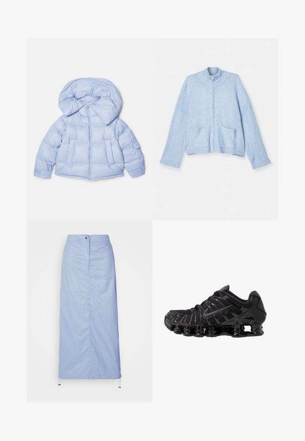 Light blue puffer jacket with a large hood, zip closure, and quilted design. Features two front pockets and elastic cuffs for a snug fit.; Light blue zip-up cardigan, soft wool blend, high collar, ribbed cuffs, two front pockets, relaxed fit, and a smooth texture.; White ribbed tank top with a round neckline and no sleeves. Stretchy fabric and fitted design. Label at the back reads "GESTUZ."; Light blue, mid-length skirt made of smooth, lightweight material with a straight cut, features a front button closure and drawstring hem.; Black athletic shoe with mesh upper and glossy overlays. Features curved coil cushioning and textured lines on the side. Nike logo visible.