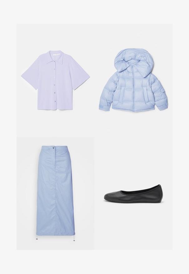 Světle modrá prošívaná bunda s velkou kapucí, zipovým zapínáním a prošívaným designem. Obsahuje dvě přední kapsy a elastické manžety pro těsné uchycení.; Světle modrá mikina na zip, měkká vlna, vysoký límec, žebrované manžety, dvě přední kapsy, uvolněný střih a hladká textura.; Krátký rukáv světle fialové košile s špičatým límcem, vyrobené z hladkého materiálu, s předním zapínáním na knoflíky a oversized siluetou.; Světle modrá sukně střední délky vyrobená z hladkého, lehkého materiálu se rovnými liniemi, má přední zapínání na knoflíky a spodní lem se stahovací šňůrkou.; Černé kožené baletní byty s kulatou špičkou, hladkou texturou, minimálními švy a flexibilním designem podrážky.