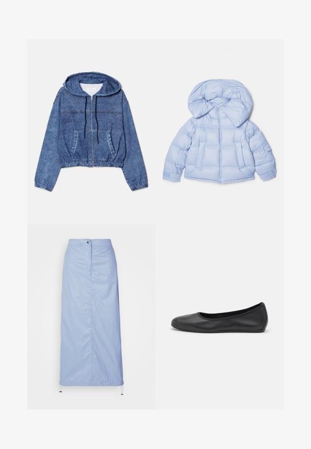 Šviesiai mėlynas pūkinis švarkas su dideliu kapišonu, užtrauktuku ir siuvinėta struktūra. Turintis dvi priekinės kišenes ir elastines rankoves, kad sandariai priglustų.; Suknelė džinsinė, mėlyna, trumpa, su kapišonu, priekyje užtrauktukas ir raišteliai. Turima dvi šoninės kišenės ir elastingos rankovių jaukumo.; Balta ilgomis rankovėmis marškiniai su apykakle, pagaminti iš medvilnės. Su mygtukų užsegimu priekyje ir viena krūtinės kišenė. Lygus paviršius, laisvas siluetas.; Šviesiai mėlyna, vidutinio ilgio sijonas, pagamintas iš sklandžios, lengvos medžiagos su tiesiu kirpimu, turi priekinius mygtukus ir raištelį apatinėje dalyje.; Juodai odiniai baletai su apvaliu pirštu, lygi texture, minimalus siuvimo detales ir lanksčiu padų dizainu.