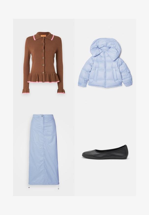 Jachetă puffer albastru deschis, cu o glugă mare, închidere cu fermoar și design matlasat. Dispune de două buzunare frontale și manșete elastice pentru o ajustare perfectă.; Cardigan maro cu falduri flared la hem, accente roz cu textură în dungi la guler și manșete, și nasturi rotunzi pe față. Textură moale de tricot.; Cămașă albă cu mânecă lungă și guler, fabricată din bumbac. Are un închidere cu băta pe față și un singur buzunar pe piept. Textură netedă, croială lejeră.; Fustă bleu deschis, de lungime medie, confecționată dintr-un material fin și ușor, cu o croială dreaptă, având o închidere frontală cu nasturi și tiv cu șnur.; Balerini din piele neagră, cu vârf rotund, textură netedă, detalii de cusătură minimale și un design al tălpii flexibil.