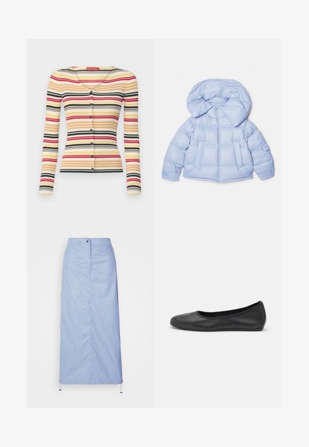 Svetlo modra puhovka z velikim kapuco, zadrgo in prešitim dizajnom. Ima dve sprednji žepi in elastične manšete za udobno prileganje.; Rebrasti dolgi kardigan z večbarvnimi vodoravnimi črtami v rdeči, rumeni, črni in beli barvi, z V-izrezom in šestimi gumbi spredaj.; Bela dolga majica s kragnico iz bombaža. Ima gumbno zapenjanje spredaj in eno žep na prsih. Gladka tekstura, sproščen kroj.; Svetlo modra, srednje dolga krila iz gladkega, lahkega materiala s pravim krojem, ima sprednjo zaponko s gumbi in vrvico na robu.; Črne usnjene balerinke z zaobljenim nosom, gladko teksturo, minimalnimi šivi in fleksibilno zasnovo podplata.