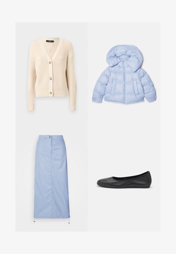Gaiši zila pūkaina jaka ar lielu kapuci, rāvējslēdzēja aizdare un izšūta rakstu. Iespējas divas priekšējās kabatas un elastīgas aproces, lai nodrošinātu ciešu pieguļošanu.; WEEKEND MaxMara NIRVANA - Adīta jaka - ecru; Baltais garo piedurkņu krekls ar apkakli, izgatavots no kokvilnas. Aprīkots ar pogu aizdari priekšā un vienu krūšu kabatu. Gluda tekstūra, brīvs piegriezums.; Gaiši zila, vidēja garuma svārki, izgatavoti no gluda, viegla materiāla ar taisnu piegriezumu, ar priekšējo pogu aizdari un auklu apakšmalā.; Melna ādas baleta kurpe ar noapaļotu purngalu, gludu tekstūru, minimālu šuvju detalizāciju un elastīgu zoles dizainu.