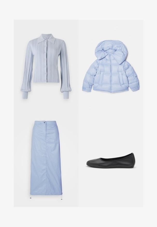 Light blue puffer jacket with a large hood, zip closure, and quilted design. Features two front pockets and elastic cuffs for a snug fit.; Light blue cardigan with a ribbed texture, button closure, and a collared neck. Features long sleeves with fitted cuffs.; White long-sleeve collared shirt made of cotton. Features a button-down front and a single chest pocket. Smooth texture, relaxed fit.; Light blue, mid-length skirt made of smooth, lightweight material with a straight cut, features a front button closure and drawstring hem.; Black leather ballet flat with a rounded toe, smooth texture, minimal stitching detail, and a flexible sole design.